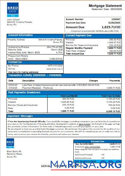 Printable Fiji Bred bank bank mortgage statement scr sample
